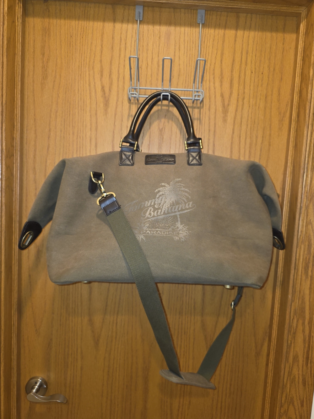 Tommy Bahama Olive Green Canvas Duffel with Dark Brown Leather Trim